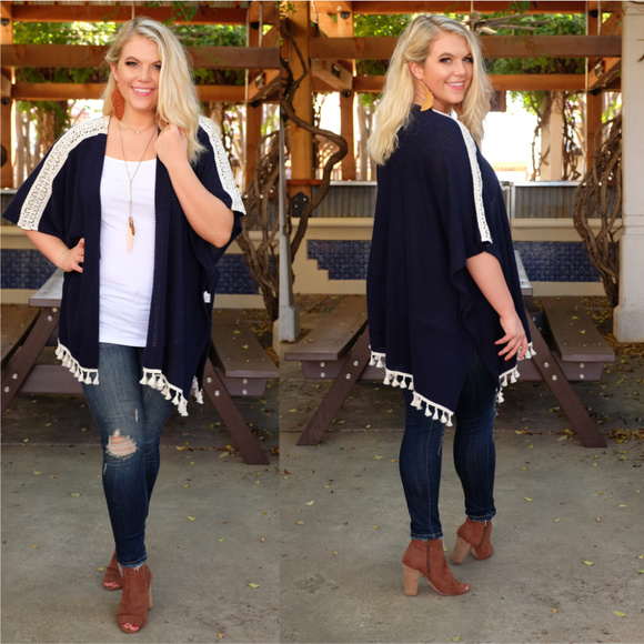 PLUS Navy Crochet Fringe Thermal Knit Cardigan - Picture 2 of 2